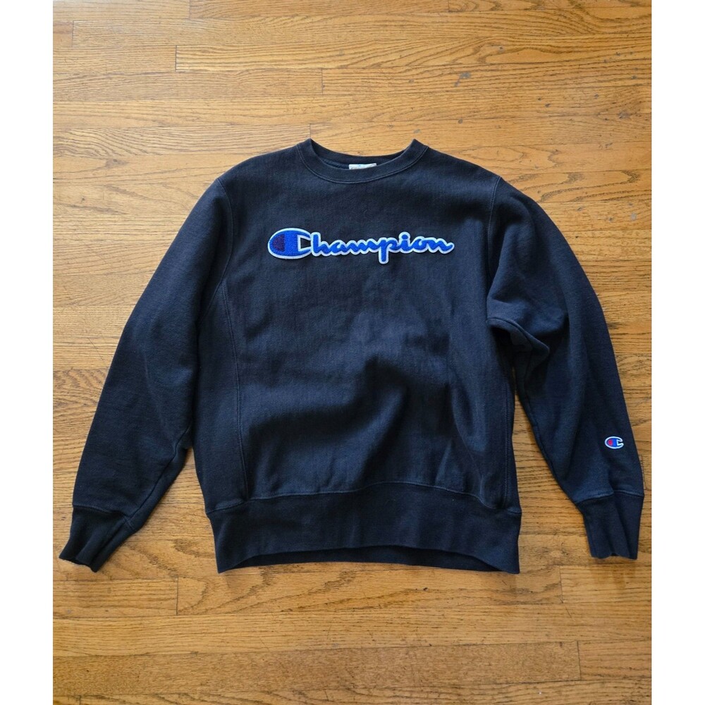 Vintage 90s Y2K Champion Reverse Weave Crew Neck Sweatshirt Mens Medium Black